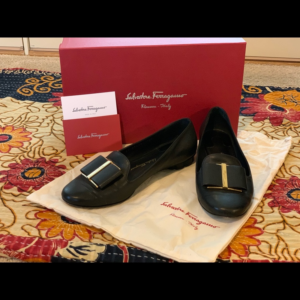 Salvatore Ferragamo Sarno Black Bow Flat Loafers